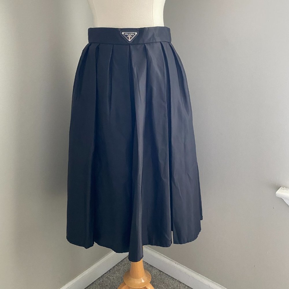 Re-Nylon Pleated Black Midi Circle A-Line Full Flare Wide Buckle Skirt Size XS